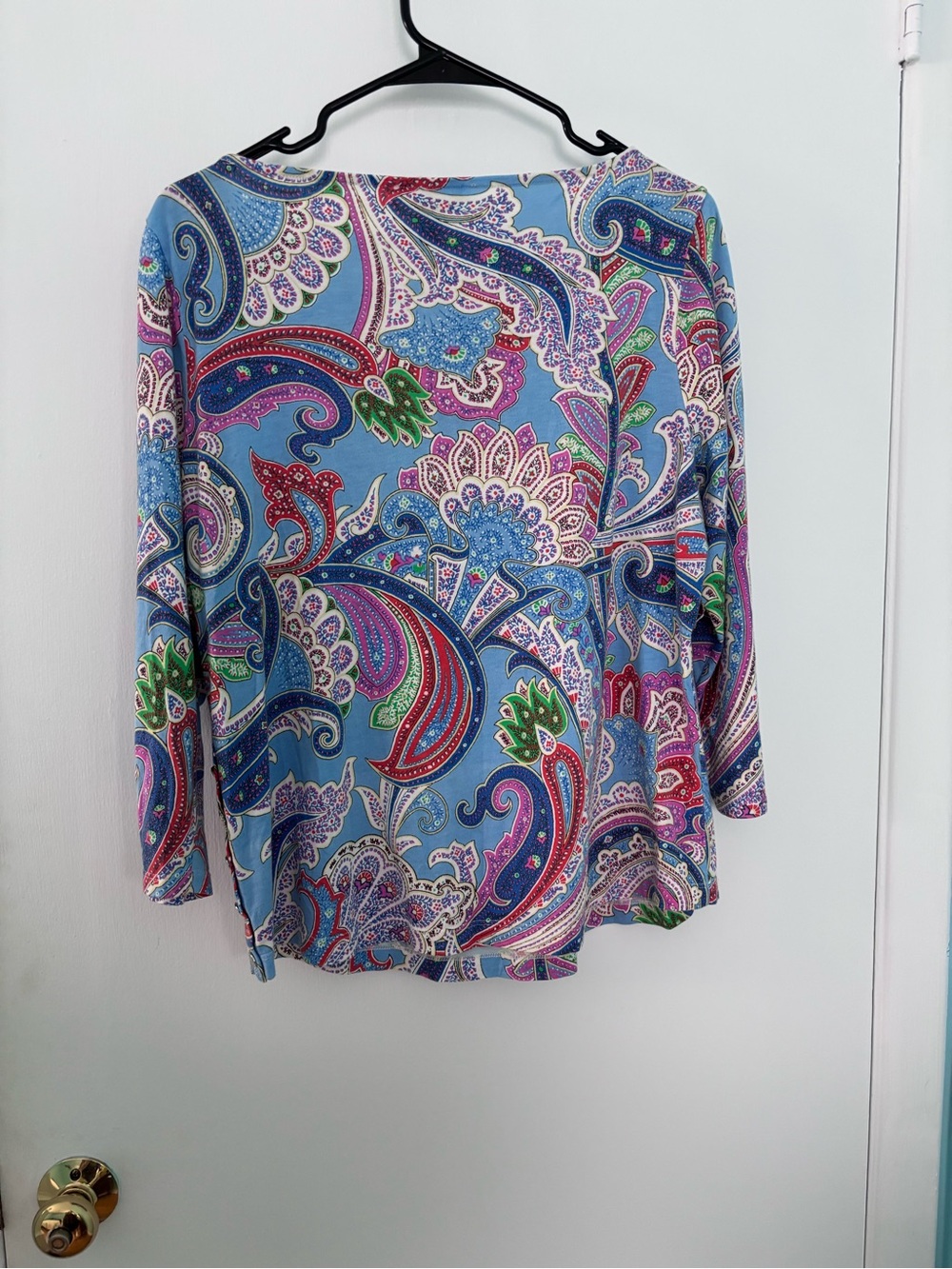 Lauren Ralph Lauren Paisley 3/4 Sleeve Boat Neck Blouse XL Blue Cotton Modal - Picture 2 of 5